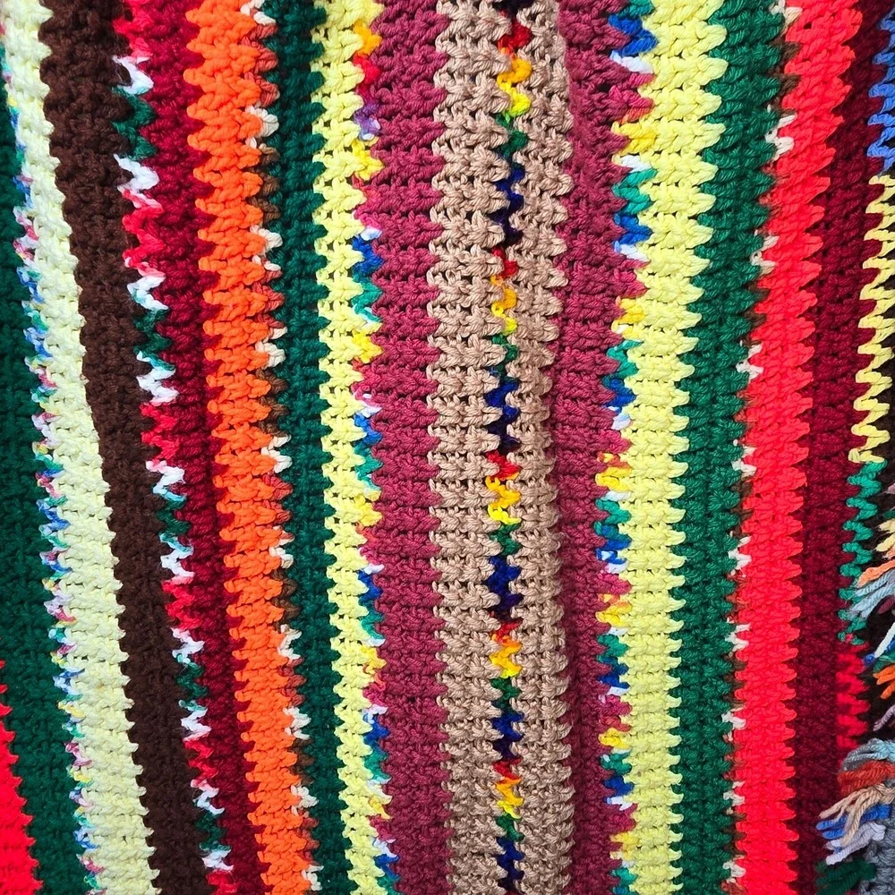 Vintage Handmade Crochet Afghan Striped Blanket Scrapbuster Throw Retro 70s‎